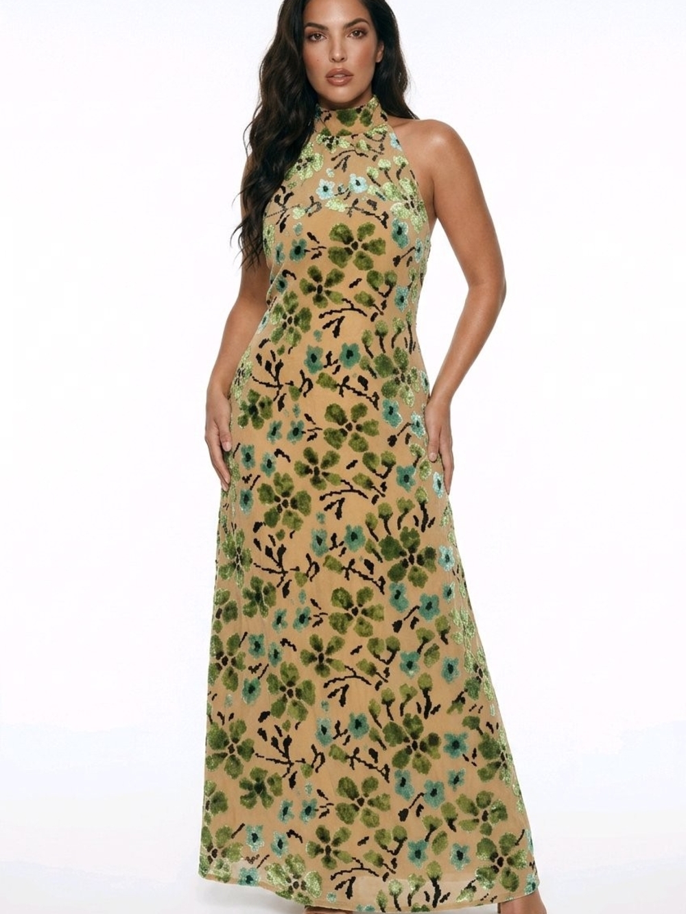 Sleeveless High-Neck Floral Velvet Burnout Gown in Beige, Green & Teal - Picture 2 of 6